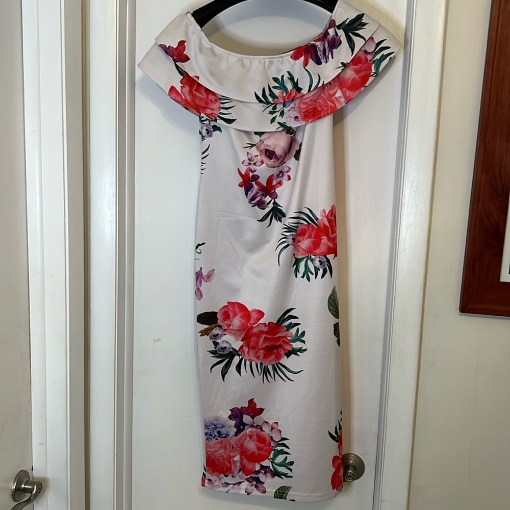 Floral Print Off Shoulder Bodycon Midi Dress Medium White